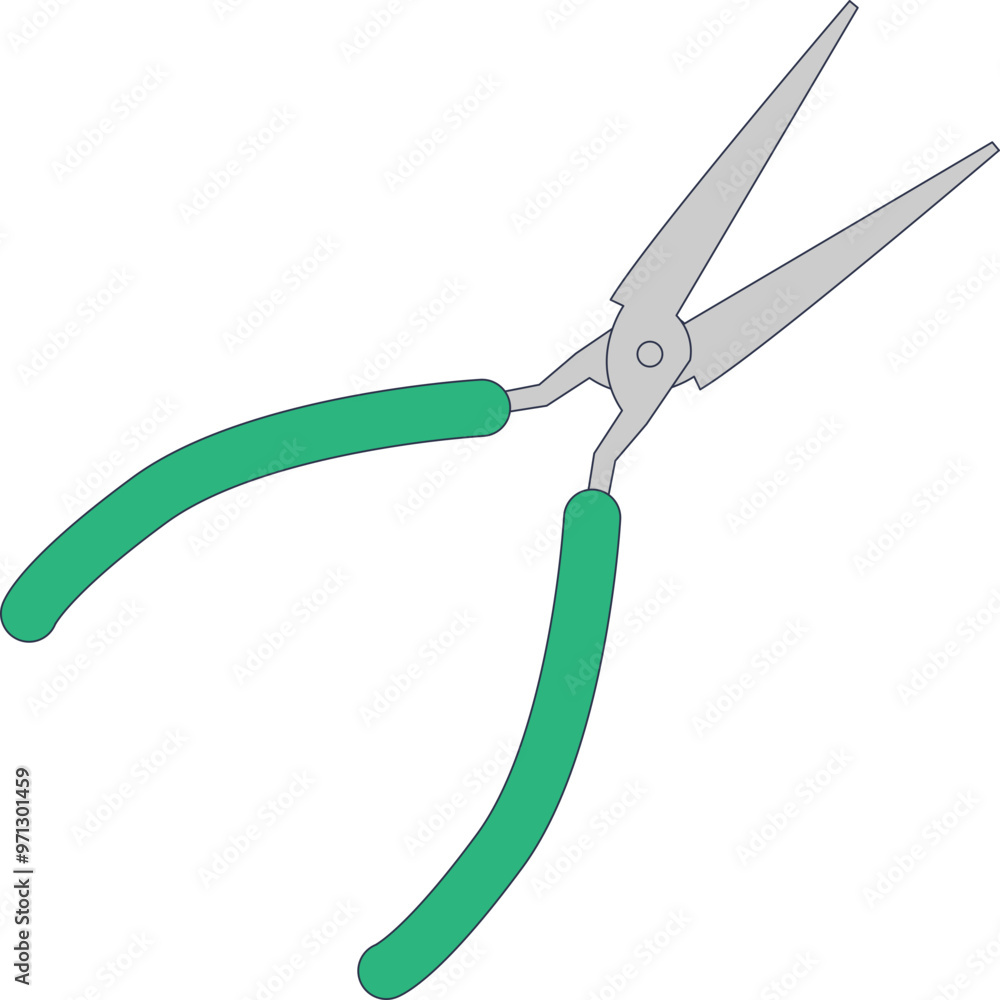 Vector illustration of needle-nose pliers with green handles, symbolizing precision tool control. Vector illustration of needle-nose pliers with green handles, symbolizing precision tool control.