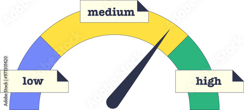 A gauge with 'low', 'medium', and 'high' levels indicating inflation control, needle points to a level.