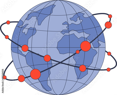 A stylized globe with network lines and nodes, symbolizing global connectivity and standardization.