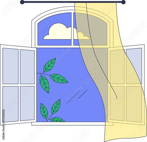 A serene illustration of an open window with billowing yellow curtains and a view of a blue sky with clouds.