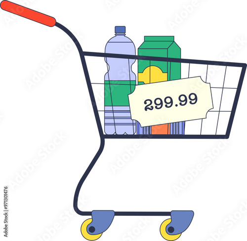 Shopping cart with items and a price tag showing $299.99, symbolizing consumer spending.