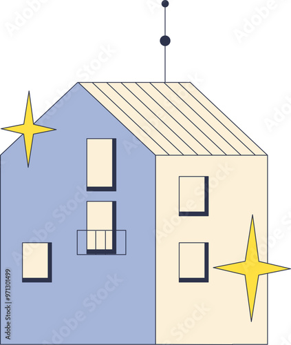 Cartoon house with stars, symbolizing a clean, sparkling home.