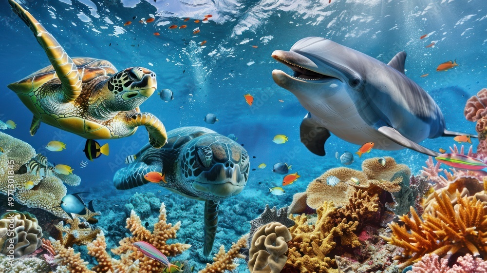 Sea Life Paradise: Dolphins, Turtles, and Vibrant Coral Reef Sea Life Paradise: Dolphins, Turtles, and Vibrant Coral Reef