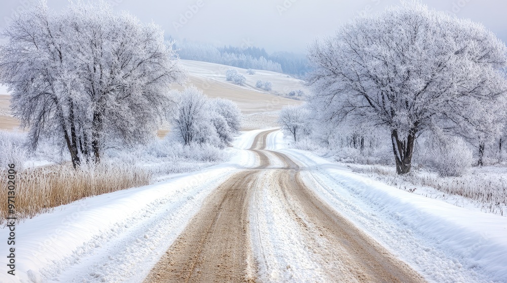 A lonely road cutting through a serene snowy landscape, with snow-laden trees and distant hills creating a peaceful winter scene. A lonely road cutting through a serene snowy landscape, with snow-laden trees and distant hills creating a peaceful winter scene.
