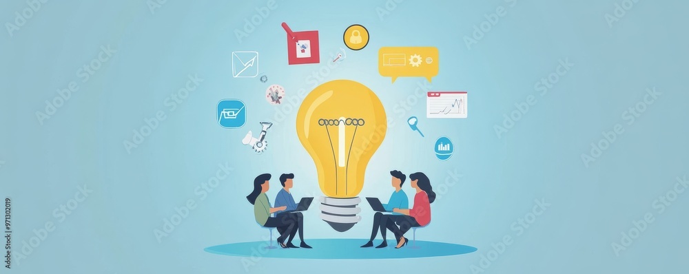 Team brainstorming around a light bulb concept with icons on blue background Team brainstorming around a light bulb concept with icons on blue background