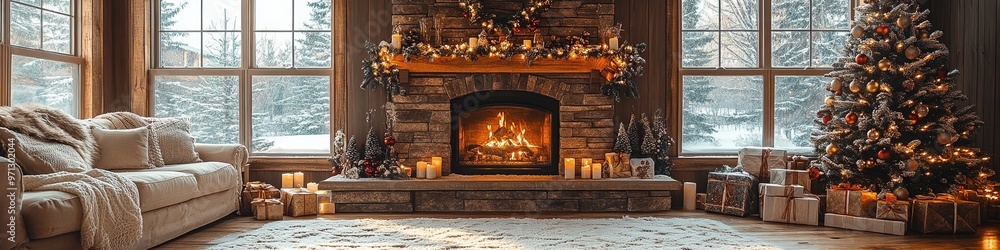Christmas style includes festive decorations, snow-covered landscapes, cozy interiors, and traditional holiday elements like trees and ornaments.