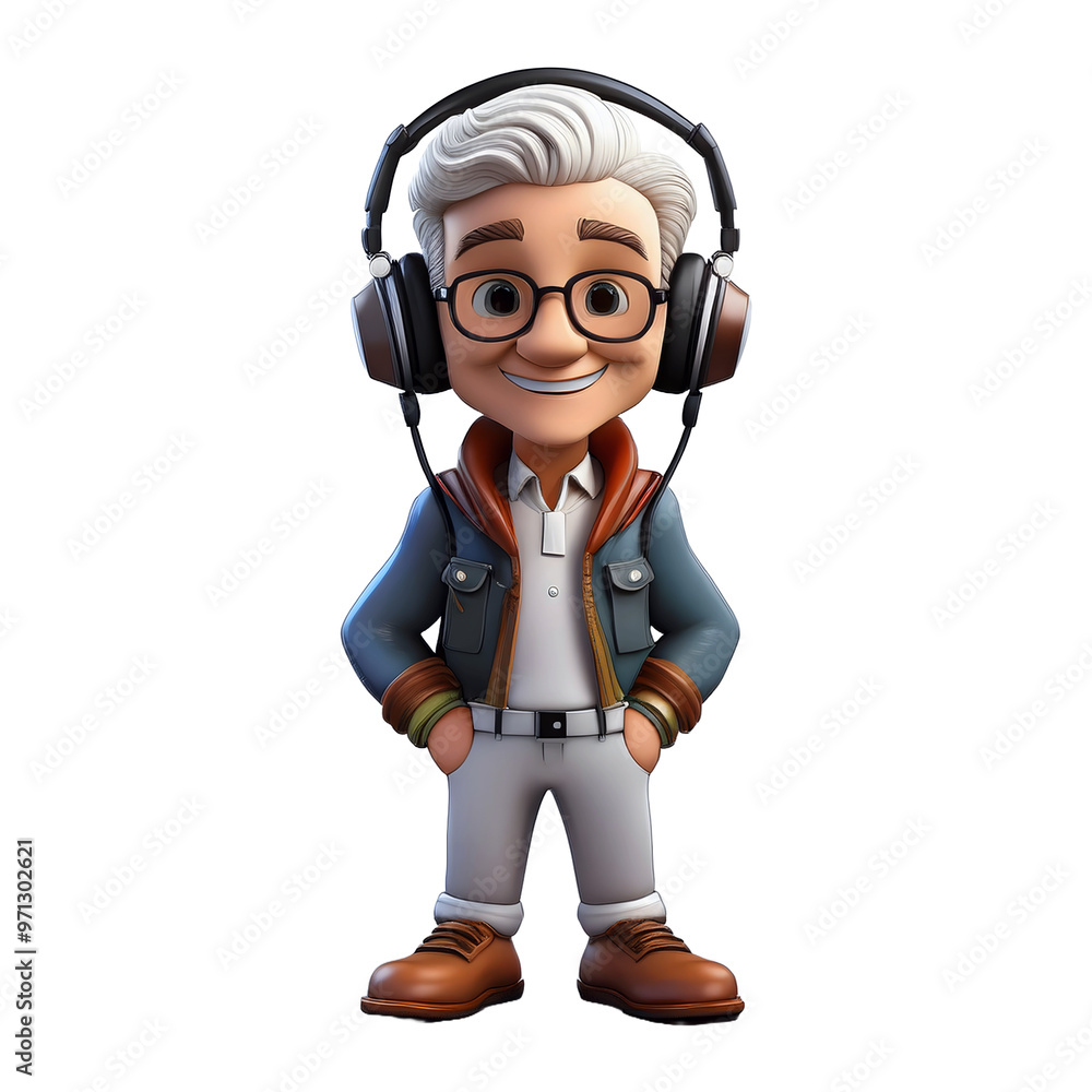 stylish white hair man with glasess cartoon use a wired headphone on white background stylish white hair man with glasess cartoon use a wired headphone on white background