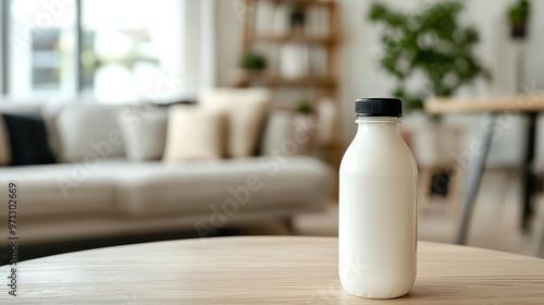 Bottle of milk on a wooden table in a cozy room photo