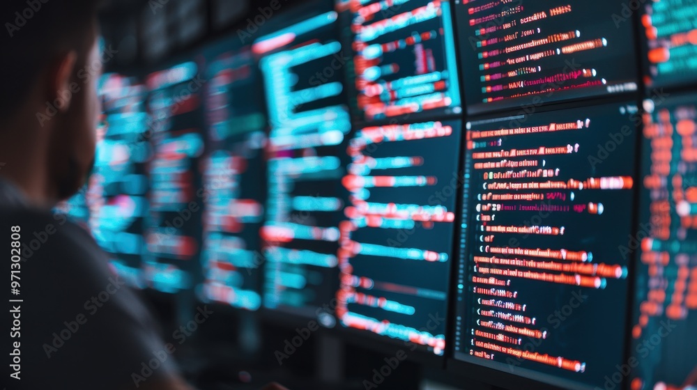 A software developer in glasses working in a dark office, analyzing code on multiple monitors with colorful displays, focused on programming and data analysis. A software developer in glasses working in a dark office, analyzing code on multiple monitors with colorful displays, focused on programming and data analysis.