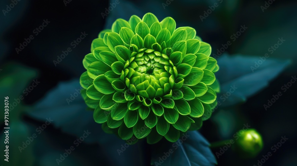 A stunning green flower in sharp focus, with a dark, blurred background to emphasize its vibrant color and intricate details. A stunning green flower in sharp focus, with a dark, blurred background to emphasize its vibrant color and intricate details.
