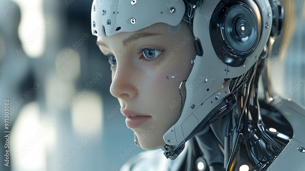 Portrait of a woman. Half face in cyberspace. Artificial intelligence concept. cyborg woman or cyborg girl concept with robot inside human
Portrait of a woman. Half face in cyberspace. Artificial intelligence concept. cyborg woman or cyborg girl concept with robot inside human
