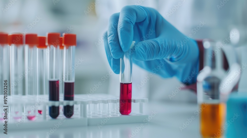Close-up of a scientist's hand using a pipette to transfer liquid into test tubes containing colorful chemicals in a modern laboratory. Close-up of a scientist's hand using a pipette to transfer liquid into test tubes containing colorful chemicals in a modern laboratory.