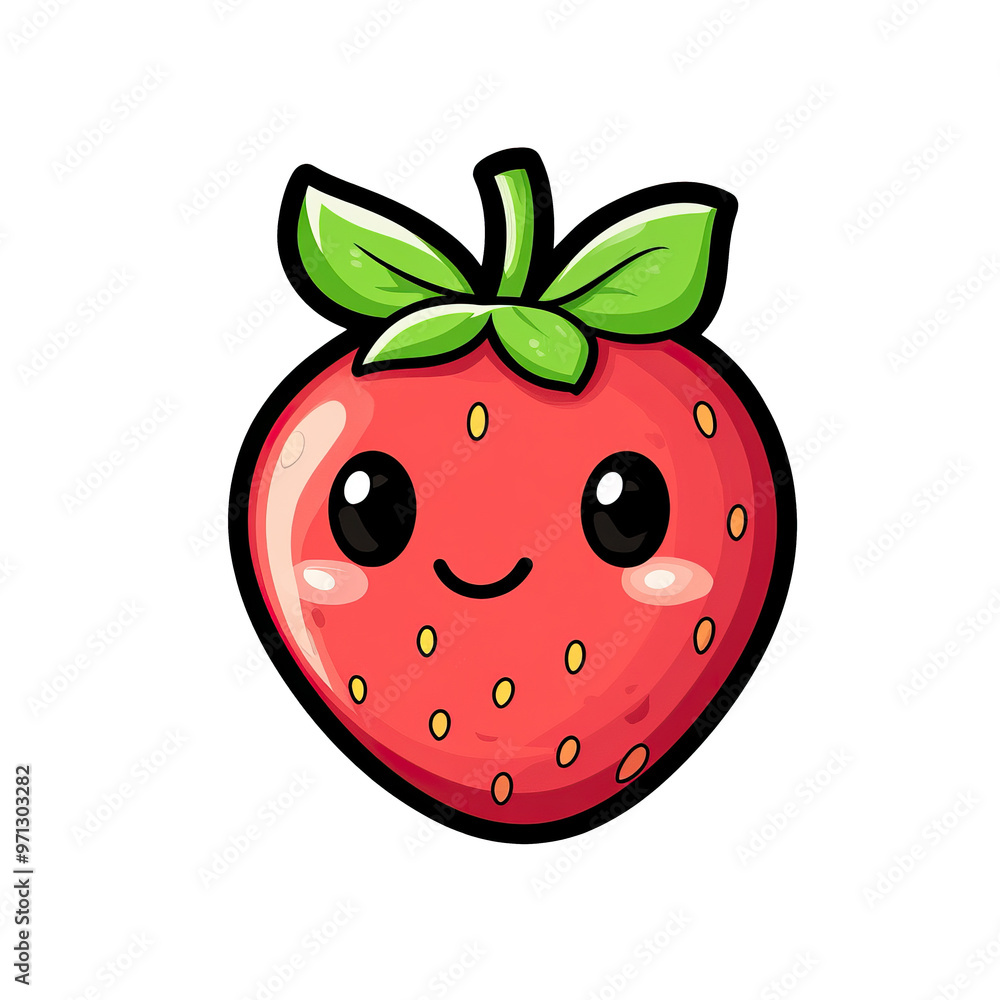 Obraz premium This image is of a happy strawberry cartoon character with green leaves and a cheerful expression, smiling joyfully against a white background. It's designed in a cute and playful cartoon style.