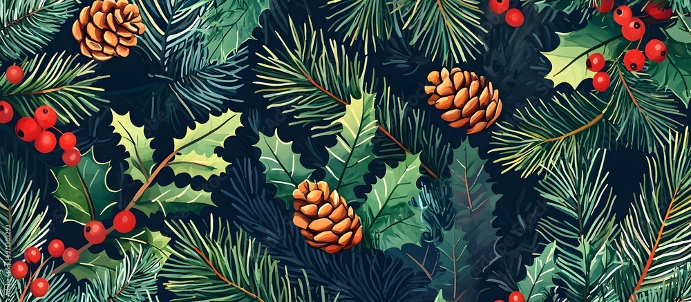 Christmas background with pine branches and holly Christmas background with pine branches and holly