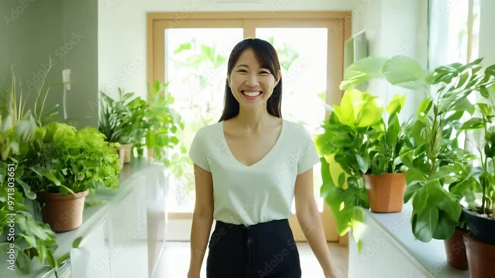 Asian woman smiling near house plants in a bright, naturally lit room