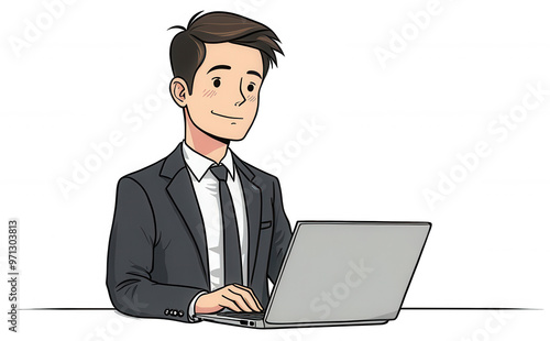 Young professional dressed in suit is focused on his laptop while seated at sleek office desk. Modern workspace creates productive atmosphere, highlighting dedication to his work and tasks. Isolated p