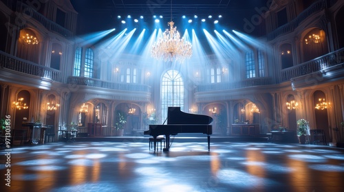 A grand piano on stage illuminated by dramatic lighting, set in an elegant hall with artistic chandeliers and a captivating ambiance.