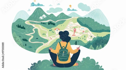 Wallpaper Mural A traveler observes a colorful illustrated map, surrounded by mountains and greenery, showcasing adventure and exploration. Torontodigital.ca