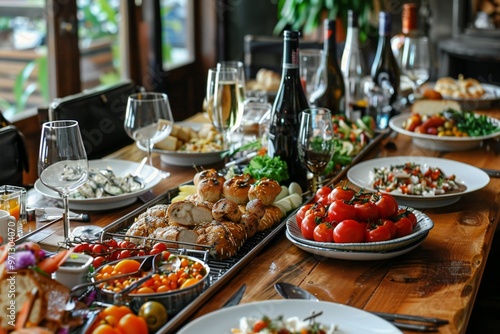 Close-up of a table set with a variety of food for a holiday, created by ai