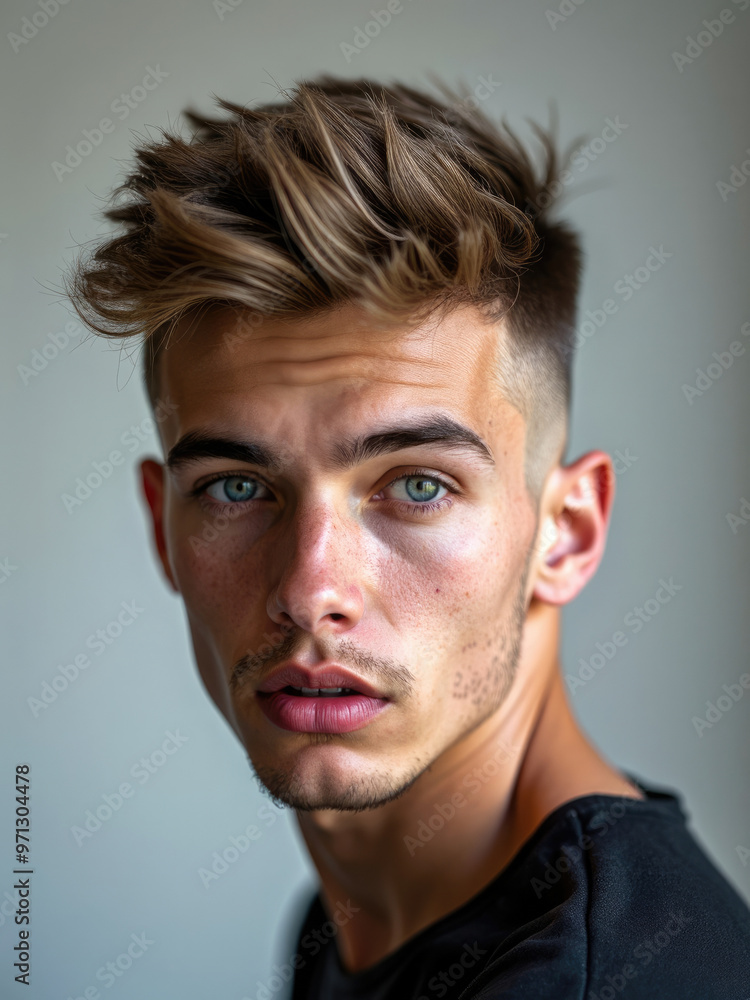 A close-up portrait of a young man with tousled blonde hair, looking off-camera with an expression of surprise. His casual attire and the neutral background emphasize his striking features. A close-up portrait of a young man with tousled blonde hair, looking off-camera with an expression of surprise. His casual attire and the neutral background emphasize his striking features.