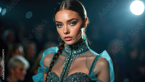 Embracing a futuristic aesthetic, this model dons a turquoise gown adorned with intricate, sparkling details, standing confidently under a spotlight that enhances her striking features. photo