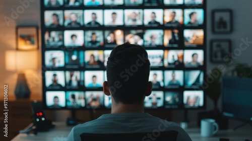 Wallpaper Mural A man sitting in a home office, attending a large virtual meeting displayed on multiple screens filled with participant video thumbnails. Torontodigital.ca