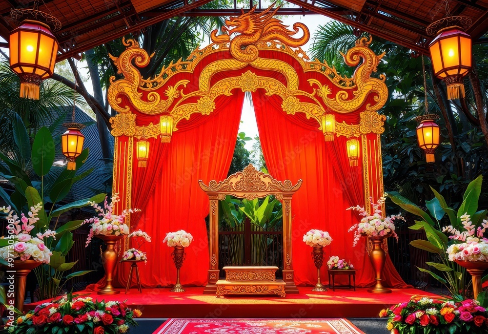 Fototapeta premium Elaborate Golden Dragon Archway With Red Curtains and Lanterns