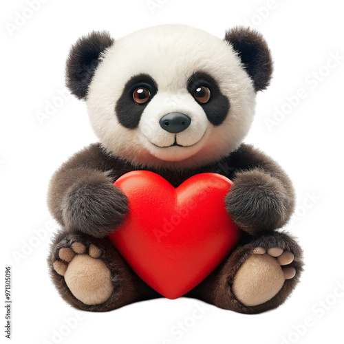 Cuddly panda holding a crimson heart Isolated on transparent background.