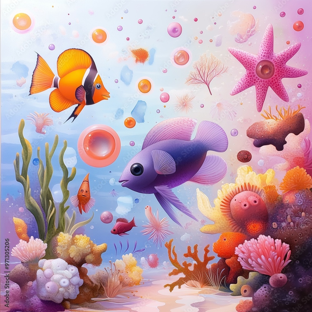 Naklejka premium Underwater Fantasy with Colorful Fish Coral Reef and Sea Life