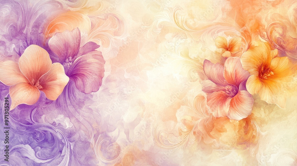 Obraz premium Beautiful swirling floral patterns in light purple, orange, and yellow, with delicate watercolor textures and intricate details, evoking a whimsical atmosphere