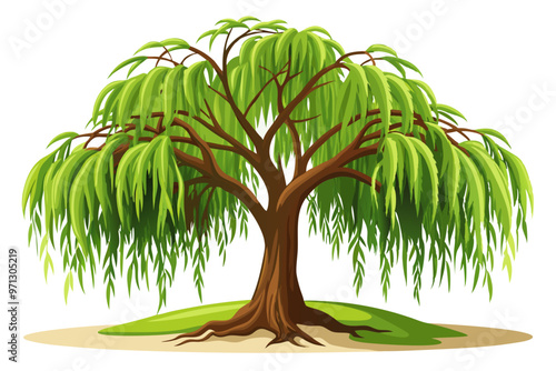 Willow tree with exuberant green foliage and trunk vector Illustration