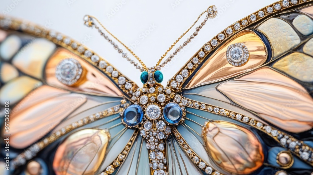 Abstract butterfly wings adorned with radiant diamonds and intricate jewelry designs, set in a vibrant close-up against a white backdrop Abstract butterfly wings adorned with radiant diamonds and intricate jewelry designs, set in a vibrant close-up against a white backdrop