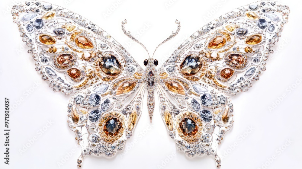 Abstract close-up of a butterfly with wings detailed in intricate jewels and diamonds, creating a luxurious, vibrant effect on a white background Abstract close-up of a butterfly with wings detailed in intricate jewels and diamonds, creating a luxurious, vibrant effect on a white background