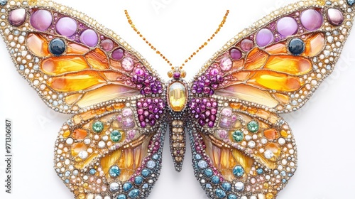 Abstract close-up of a butterfly with wings detailed in intricate jewels and diamonds, creating a luxurious, vibrant effect on a white background