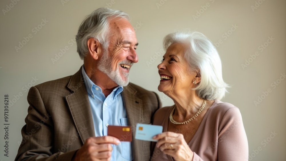 An elderly couple shares a joyful moment at home, beaming at each other while proudly holding their credit cards. The warm morning light fills the room, enhancing their cheerful expressions and connec An elderly couple shares a joyful moment at home, beaming at each other while proudly holding their credit cards. The warm morning light fills the room, enhancing their cheerful expressions and connec