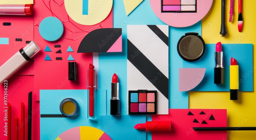 A vibrant and colorful composition featuring various makeup products arranged in geometric shapes, including lipstick, eye shadow palettes, and nail polish vials. The background is a bold mix of brigh A vibrant and colorful composition featuring various makeup products arranged in geometric shapes, including lipstick, eye shadow palettes, and nail polish vials. The background is a bold mix of brigh