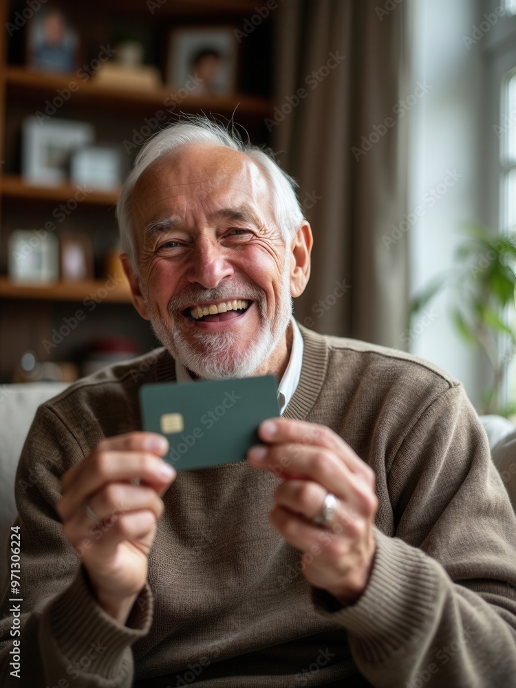 With a joyful expression, an elderly man with white hair and glasses holds a credit card in a cozy home environment, symbolizing financial empowerment and security in later years. With a joyful expression, an elderly man with white hair and glasses holds a credit card in a cozy home environment, symbolizing financial empowerment and security in later years.