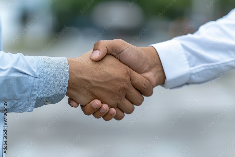 Close-up shot of two businessmen shaking hands, symbolizing a successful agreement, partnership, or business deal, outdoors in a professional setting. Close-up shot of two businessmen shaking hands, symbolizing a successful agreement, partnership, or business deal, outdoors in a professional setting.