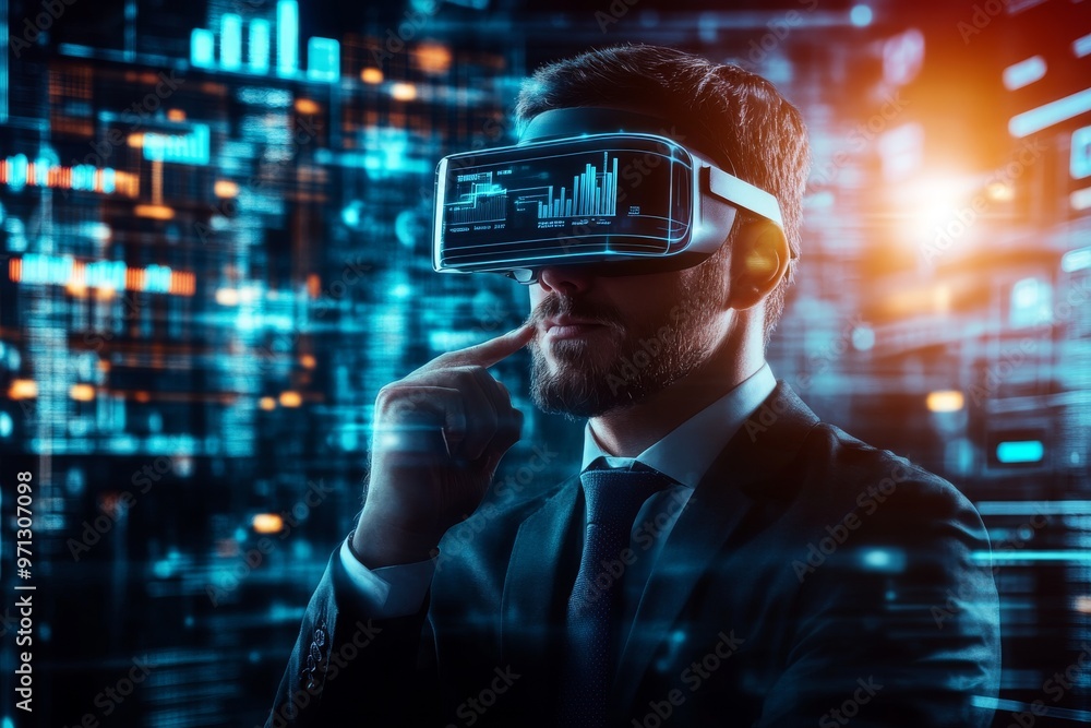 Businessman in suit wearing VR headset analyzing virtual data in a futuristic environment. Businessman in suit wearing VR headset analyzing virtual data in a futuristic environment.