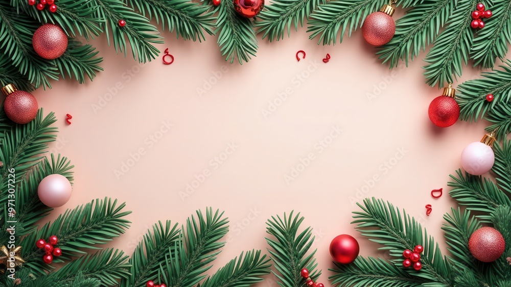 A festive image displaying evergreen branches adorned with ornaments, surrounding a space suitable for text, capturing the essence of Christmas and the holiday spirit. A festive image displaying evergreen branches adorned with ornaments, surrounding a space suitable for text, capturing the essence of Christmas and the holiday spirit.