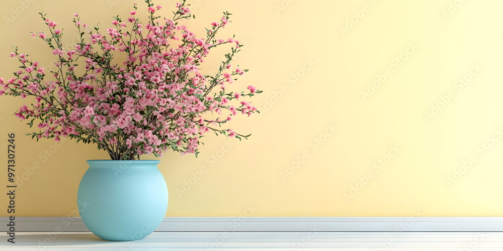 Cute blue potted plant and pink flowers on a white wooden floor in front of light yellow wall. There is plenty of space on the wall for writing text. Perfect for use as a background. Pastel tone. Cute blue potted plant and pink flowers on a white wooden floor in front of light yellow wall. There is plenty of space on the wall for writing text. Perfect for use as a background. Pastel tone.