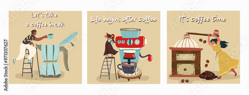 Collection, set of square invitation templates, posters, postcards with tiny people and huge coffee symbols, with coffee quotes, people, equipment, coffee maker, coffee machine, coffee grinder.