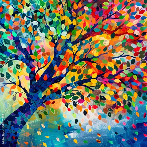 Colorful tree with leaves on hanging branches illustration background. abstraction wallpaper.