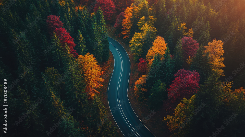 A winding road meandering through a dense autumn forest, vibrant leaves glowing in shades of red, orange, and yellow, with sunlight filtering through the branches. A winding road meandering through a dense autumn forest, vibrant leaves glowing in shades of red, orange, and yellow, with sunlight filtering through the branches.