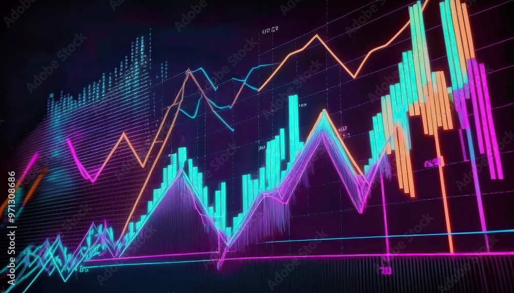 A neon-colored financial graph featuring an uptrend line candlestick chart for the stock market expansive background A neon-colored financial graph featuring an uptrend line candlestick chart for the stock market expansive background
