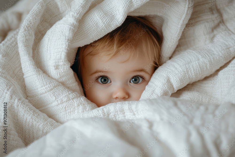 Baby is hiding under the white blanket. Baby is hiding under the white blanket.