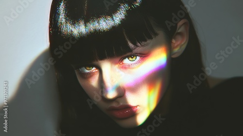 There's a girl with dark hair and blue eyes with freckles, with a ray of light falling on her face. Gray eyes. A prism refracting light in rainbow colors. photo