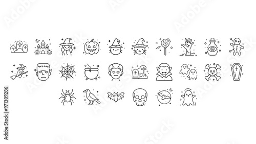 Set of Halloween icons with ghosts, witch, pumpkin and castle, spooky outline illustrations