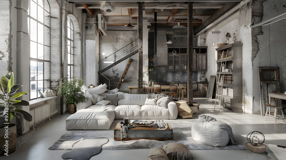 Living room interior in loft apartment, rustic style, 3d render. Generative Ai. Living room interior in loft apartment, rustic style, 3d render. Generative Ai.