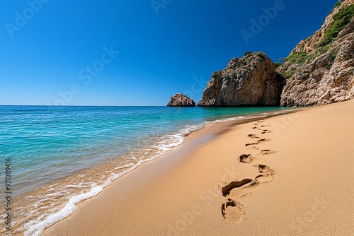 A trail of footprints on a sandy beach, leading to a rocky outcrop where the ocean meets the shore photo